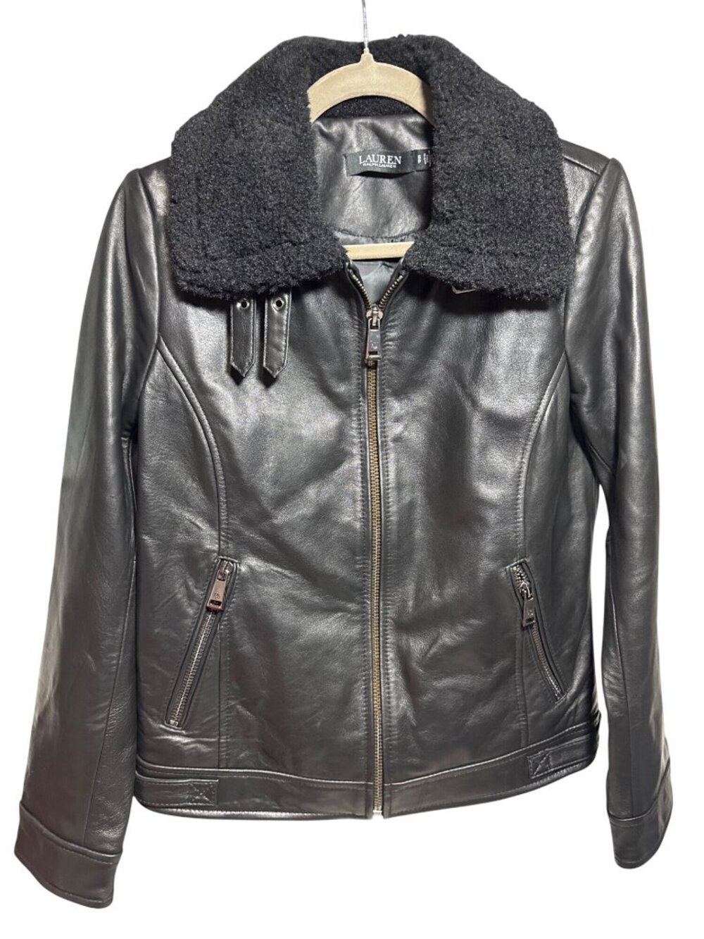 NWT Lauren Ralph Lauren Black Lambskin Faux Fur Leather Coat S MSRP $440
